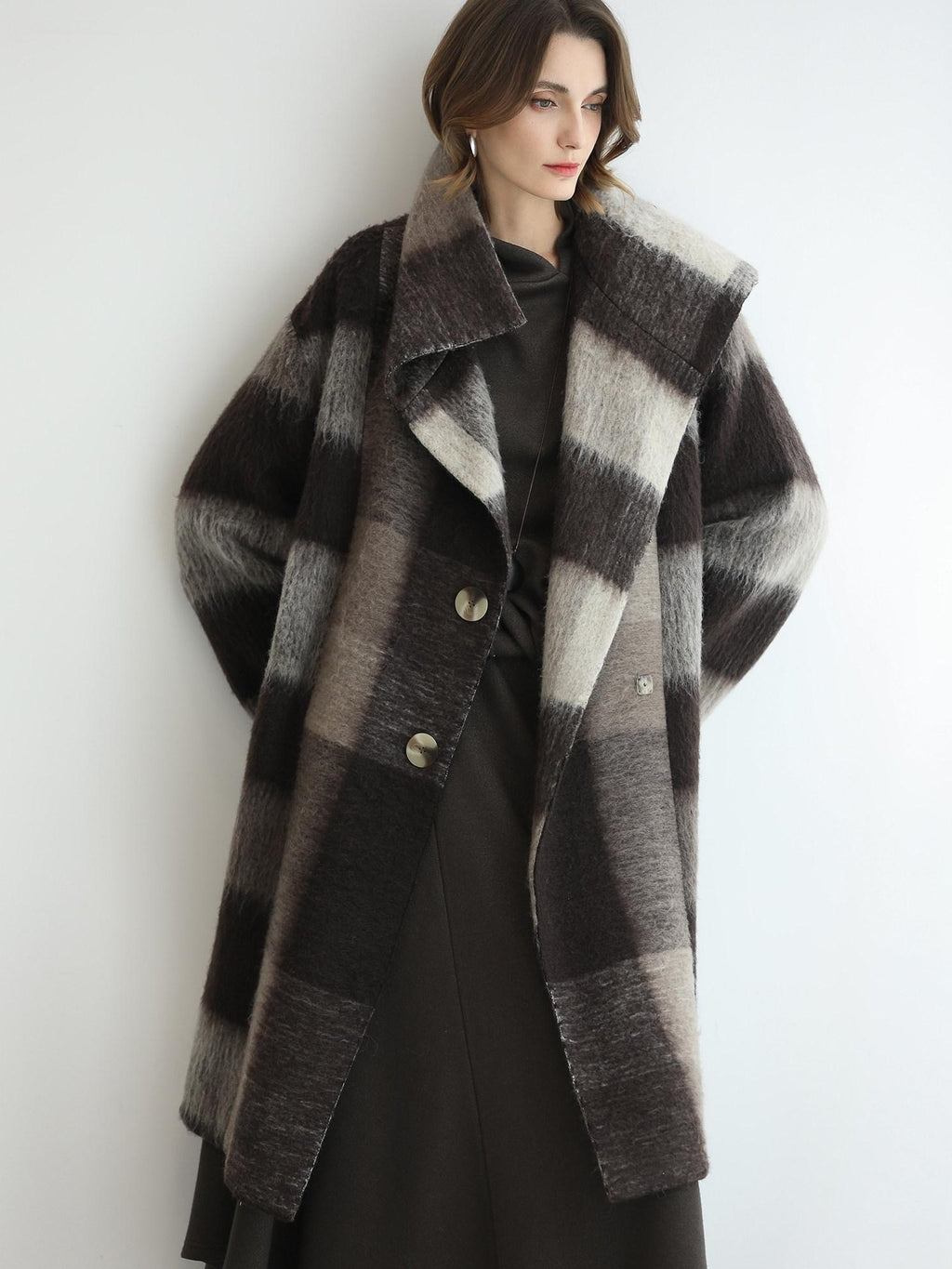 COCOBELLA Brushed Wool Blend Thick Midlength Loose Fit British Plaid Single Breasted Coats