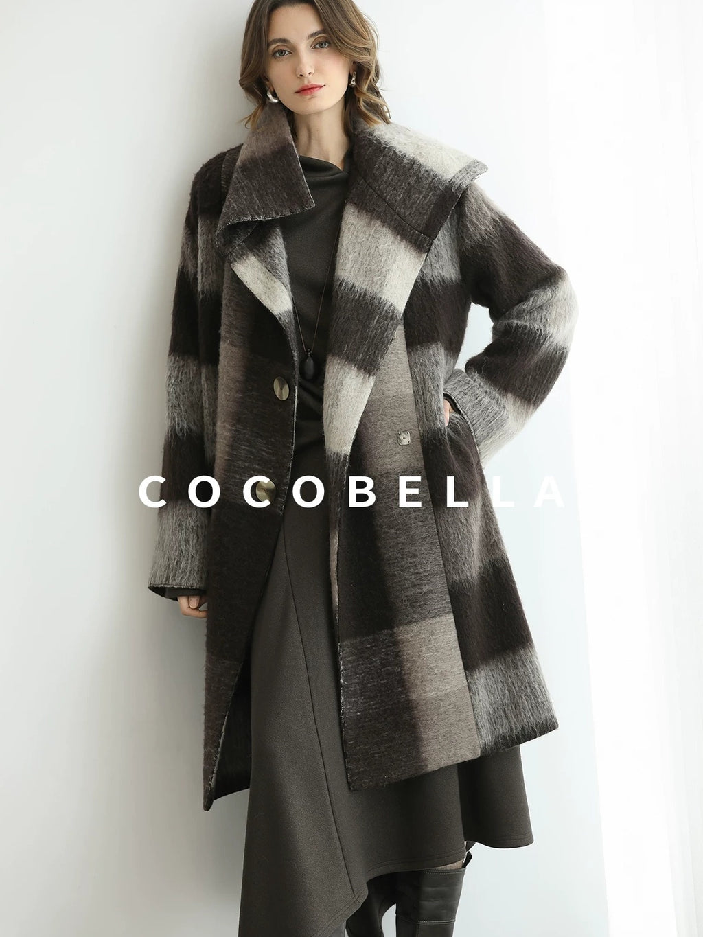 COCOBELLA Brushed Wool Blend Thick Midlength Loose Fit British Plaid Single Breasted Coats