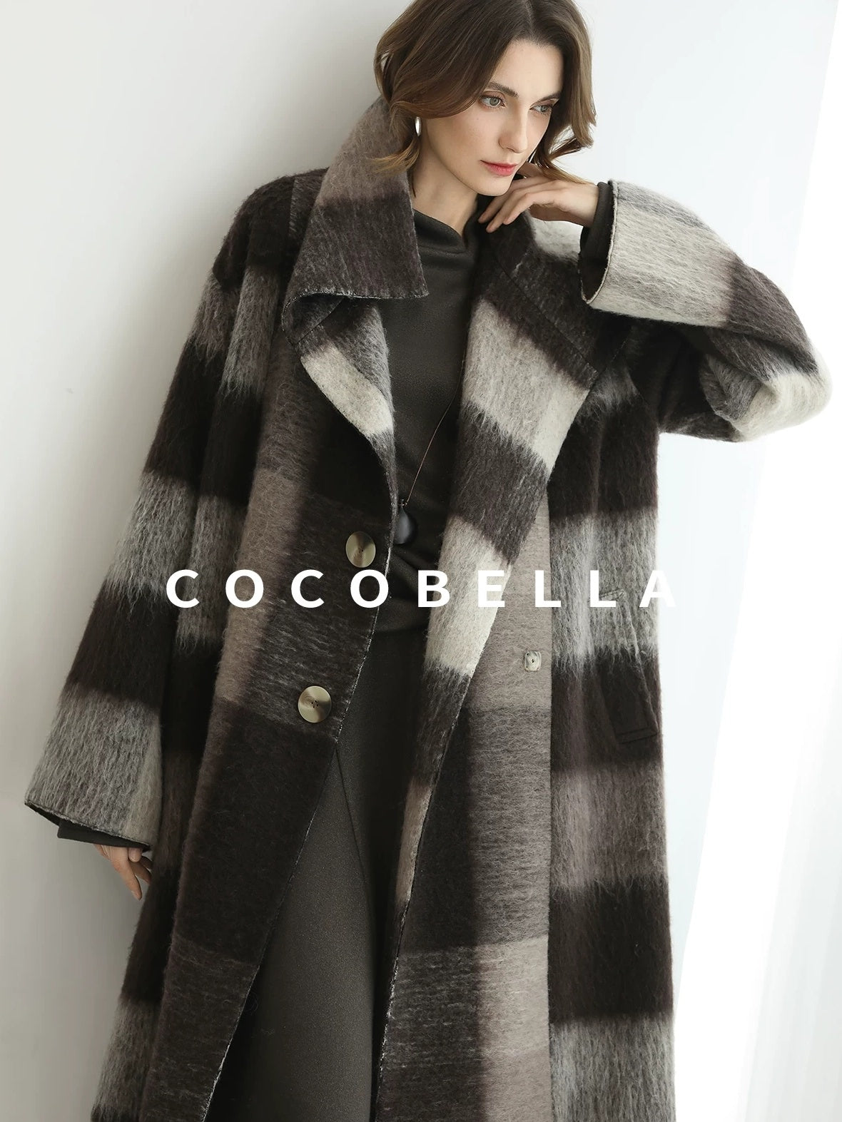 COCOBELLA Brushed Wool Blend Thick Midlength Loose Fit British Plaid Single Breasted Coats