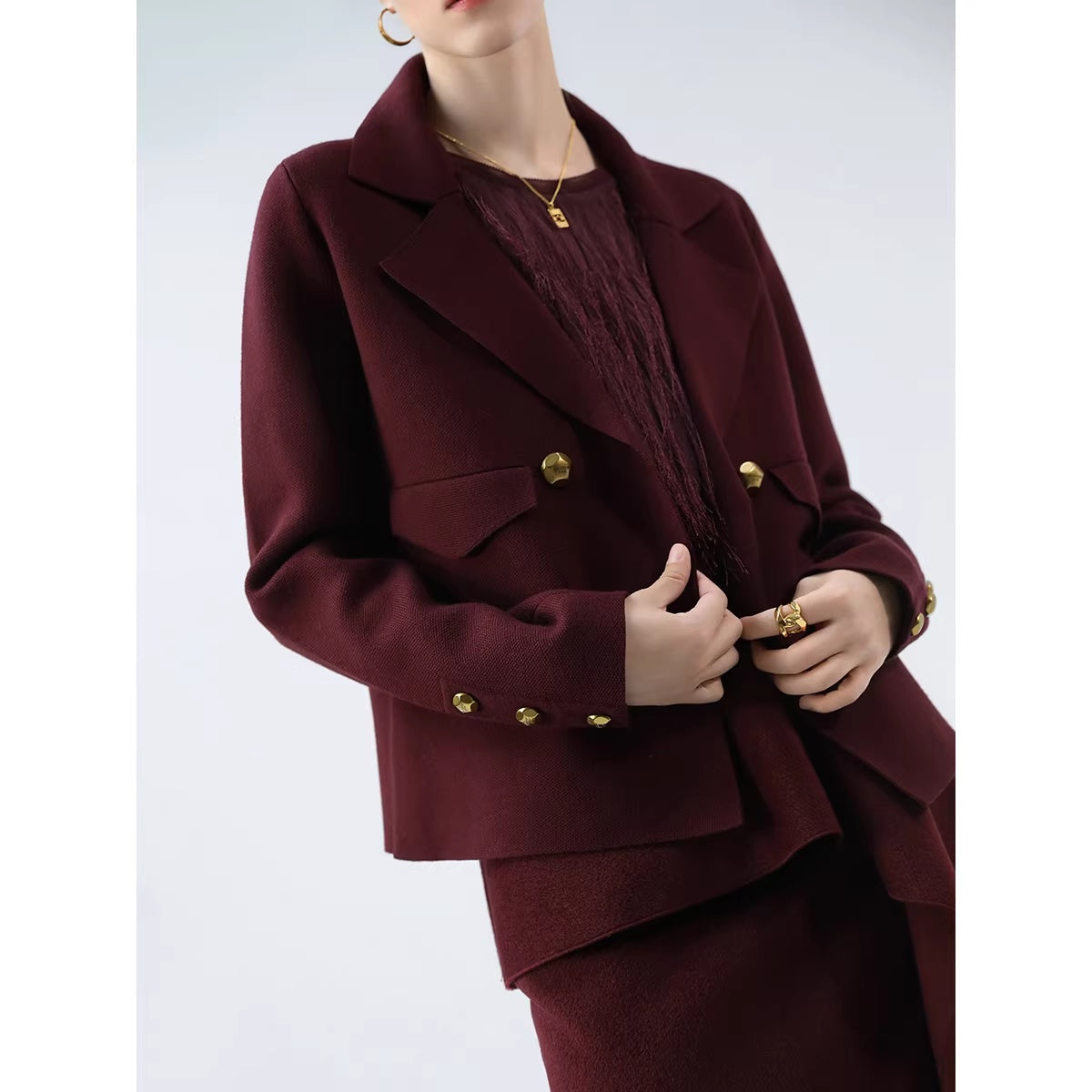COCOBELLA_Burgundy_Double_Breasted_Knit_Short_Length_Straight_Fit_Office_Lapel_Blazers_MISSTT