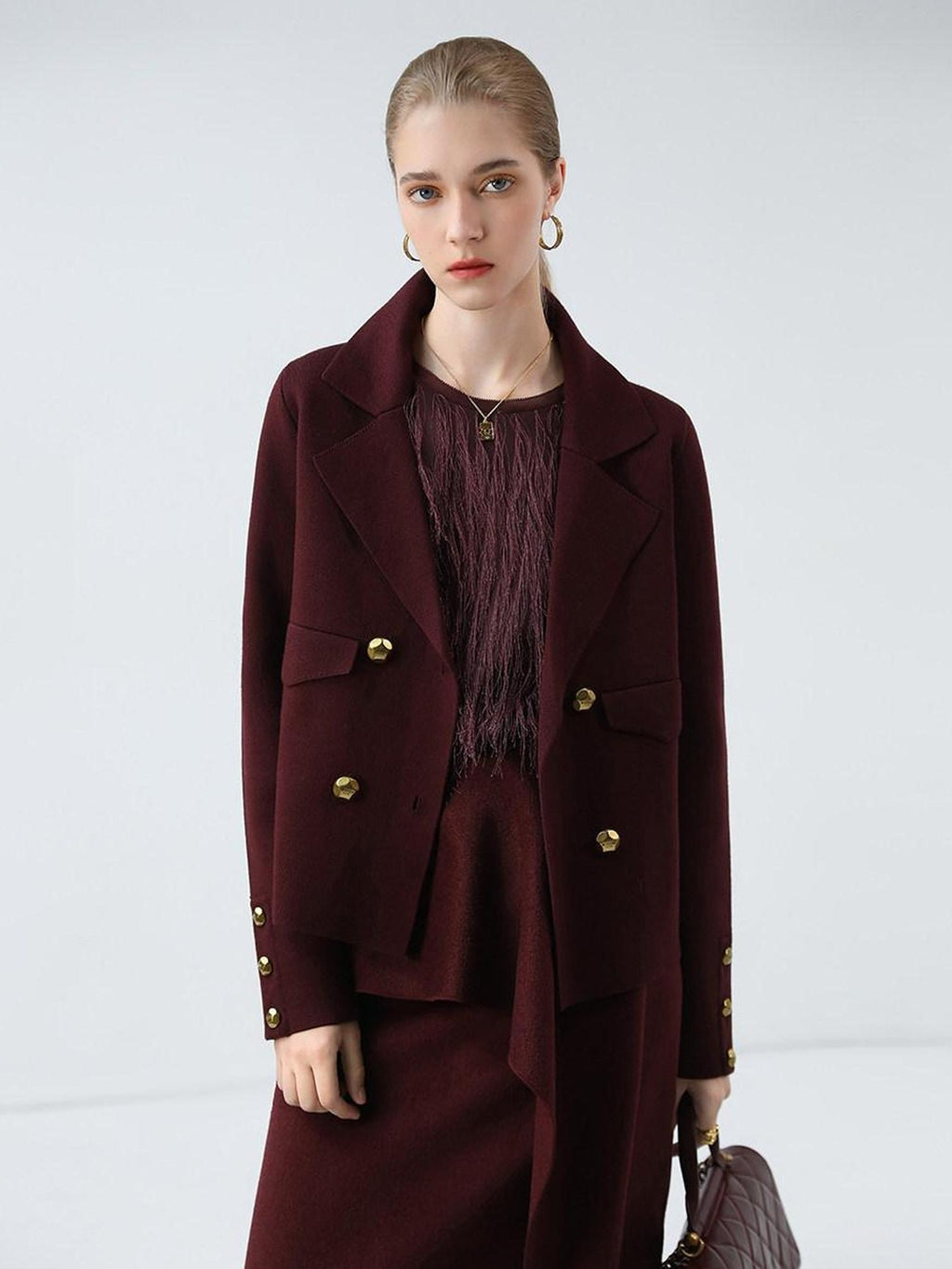 COCOBELLA Burgundy Double Breasted Knit Short Length Straight Fit Office Lapel Blazers