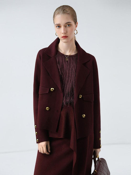 COCOBELLA Burgundy Double Breasted Knit Short Length Straight Fit Office Lapel Blazers