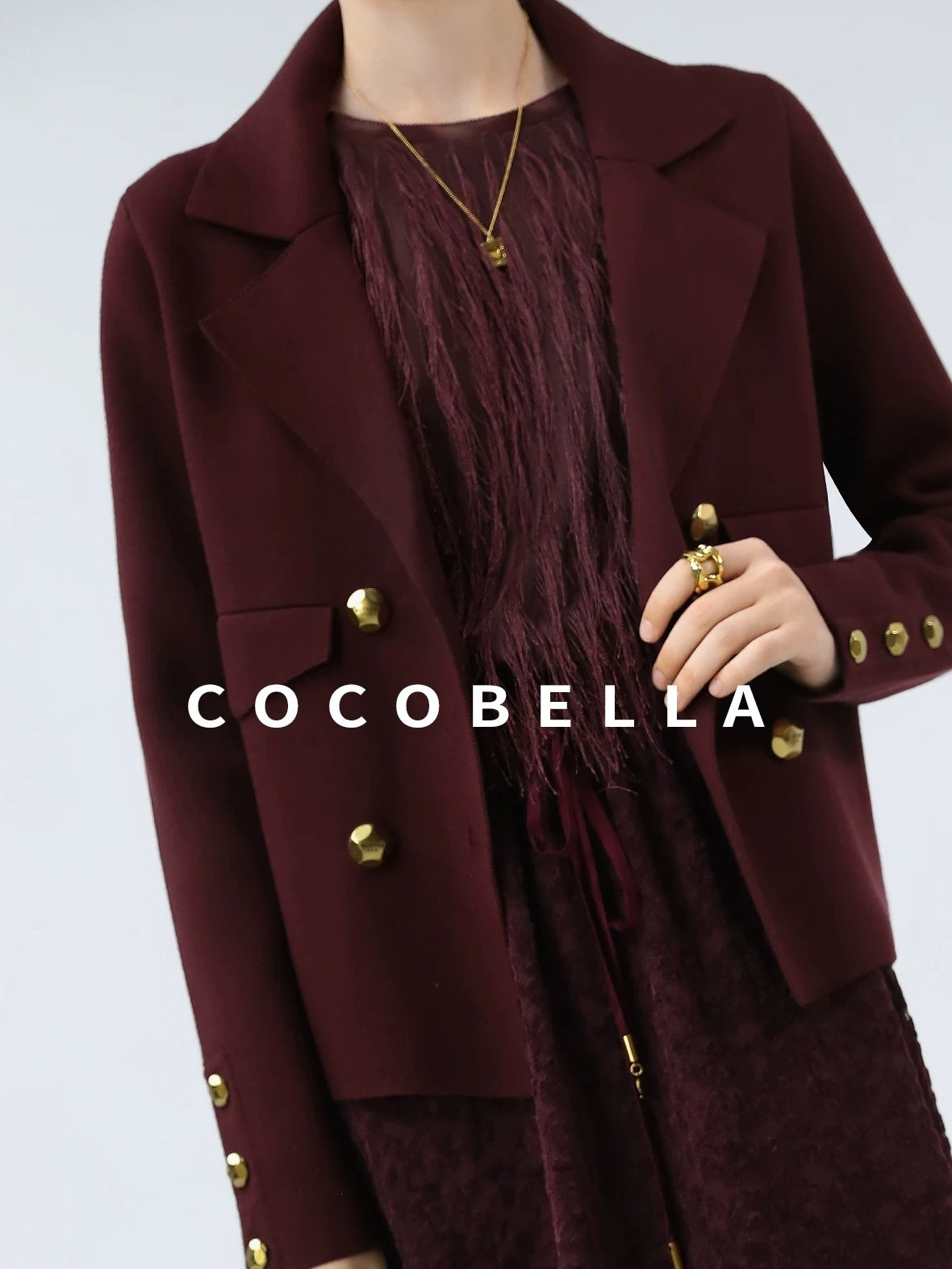 COCOBELLA Burgundy Double Breasted Knit Short Length Straight Fit Office Lapel Blazers