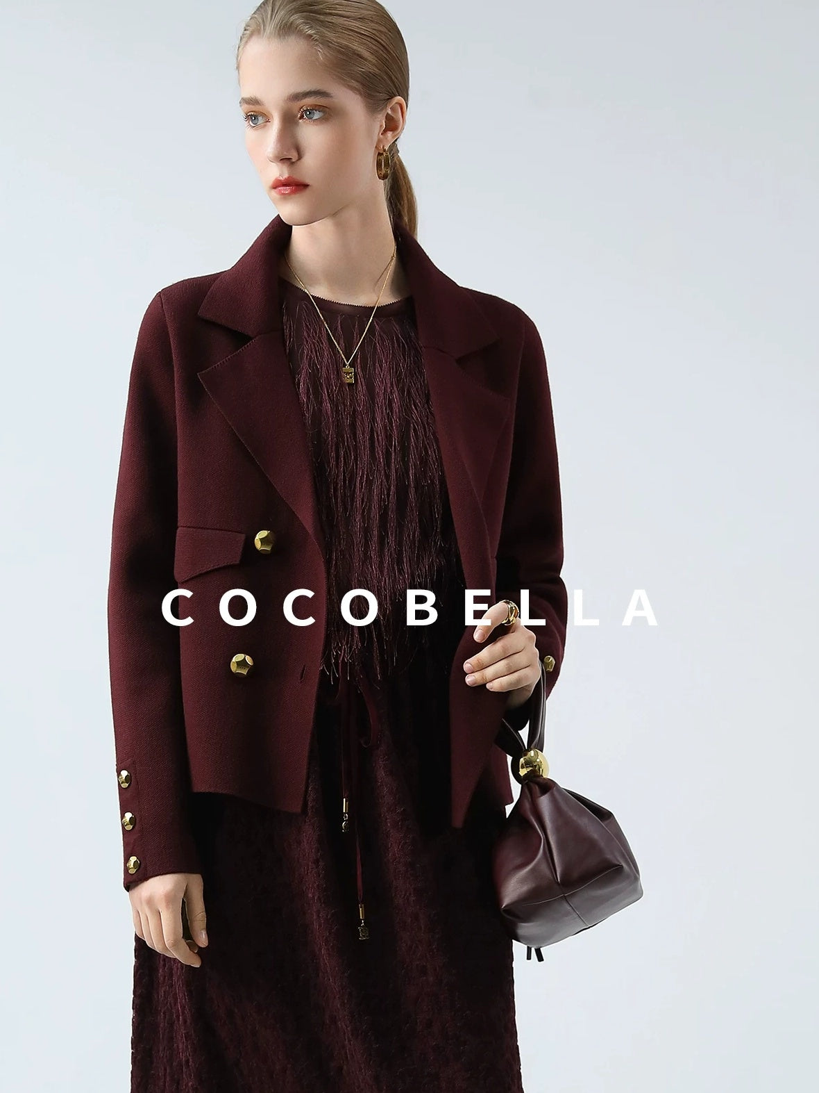 COCOBELLA Burgundy Double Breasted Knit Short Length Straight Fit Office Lapel Blazers