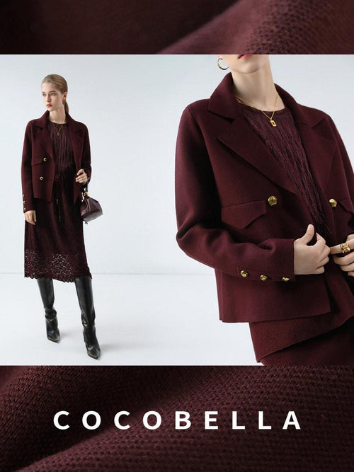 COCOBELLA Burgundy Double Breasted Knit Short Length Straight Fit Office Lapel Blazers