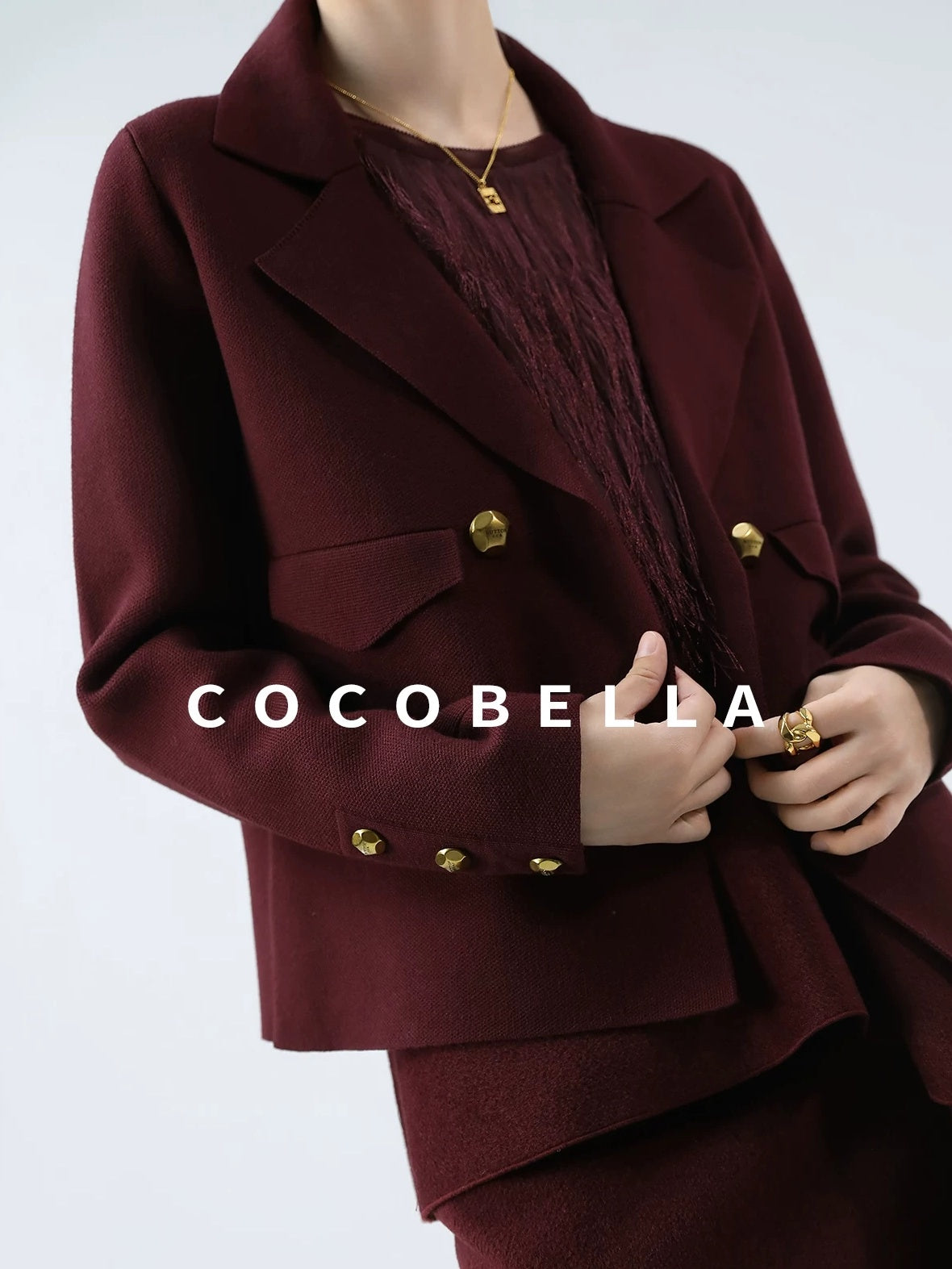 COCOBELLA Burgundy Double Breasted Knit Short Length Straight Fit Office Lapel Blazers