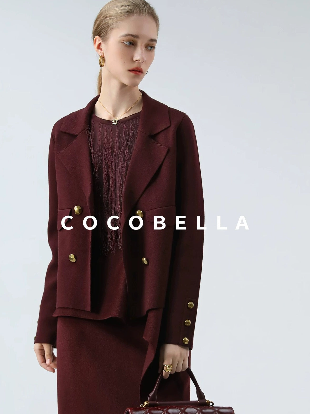 COCOBELLA Burgundy Double Breasted Knit Short Length Straight Fit Office Lapel Blazers