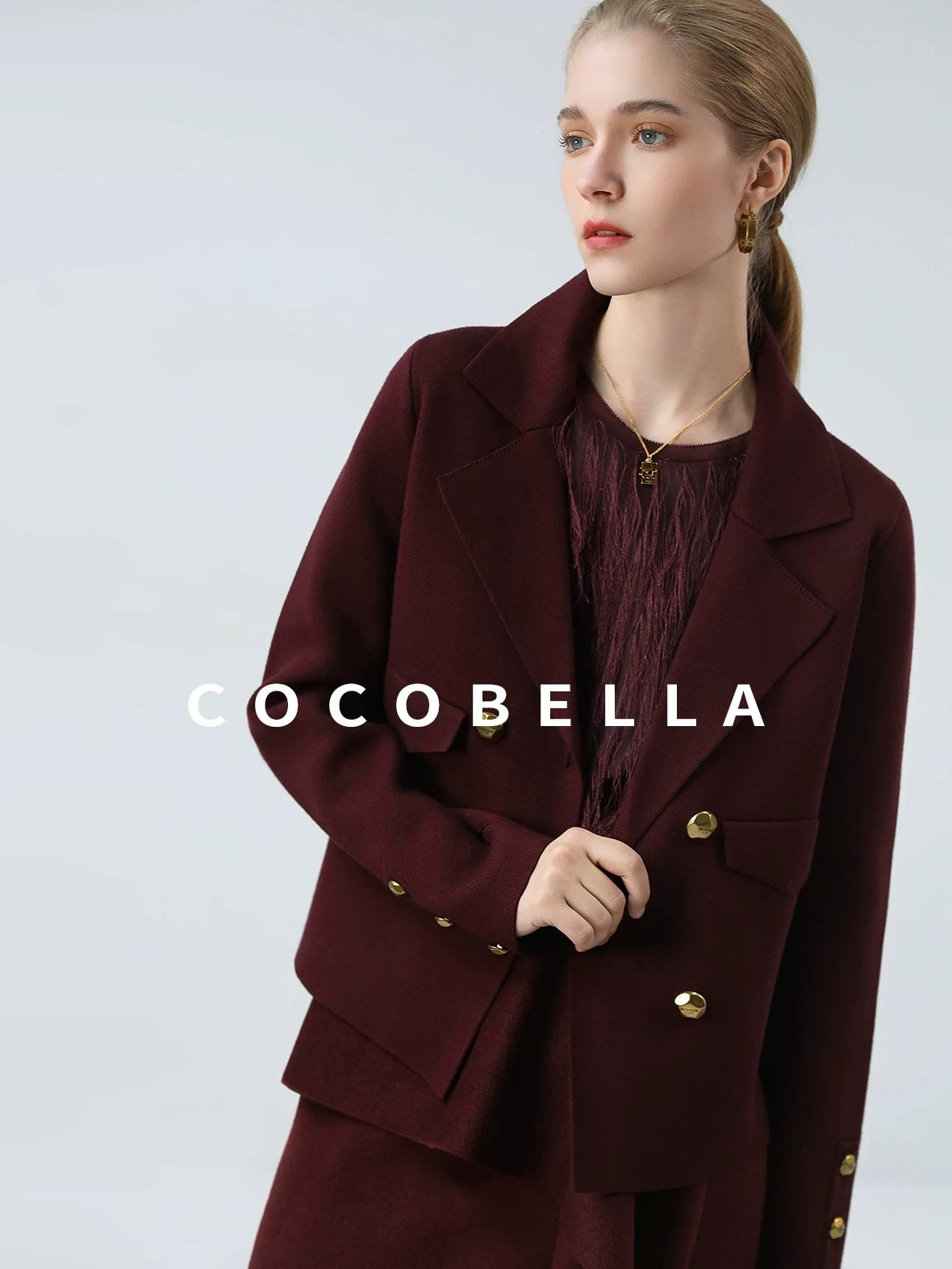 COCOBELLA Burgundy Double Breasted Knit Short Length Straight Fit Office Lapel Blazers