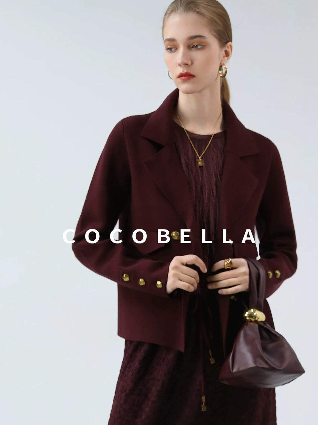 COCOBELLA Burgundy Double Breasted Knit Short Length Straight Fit Office Lapel Blazers