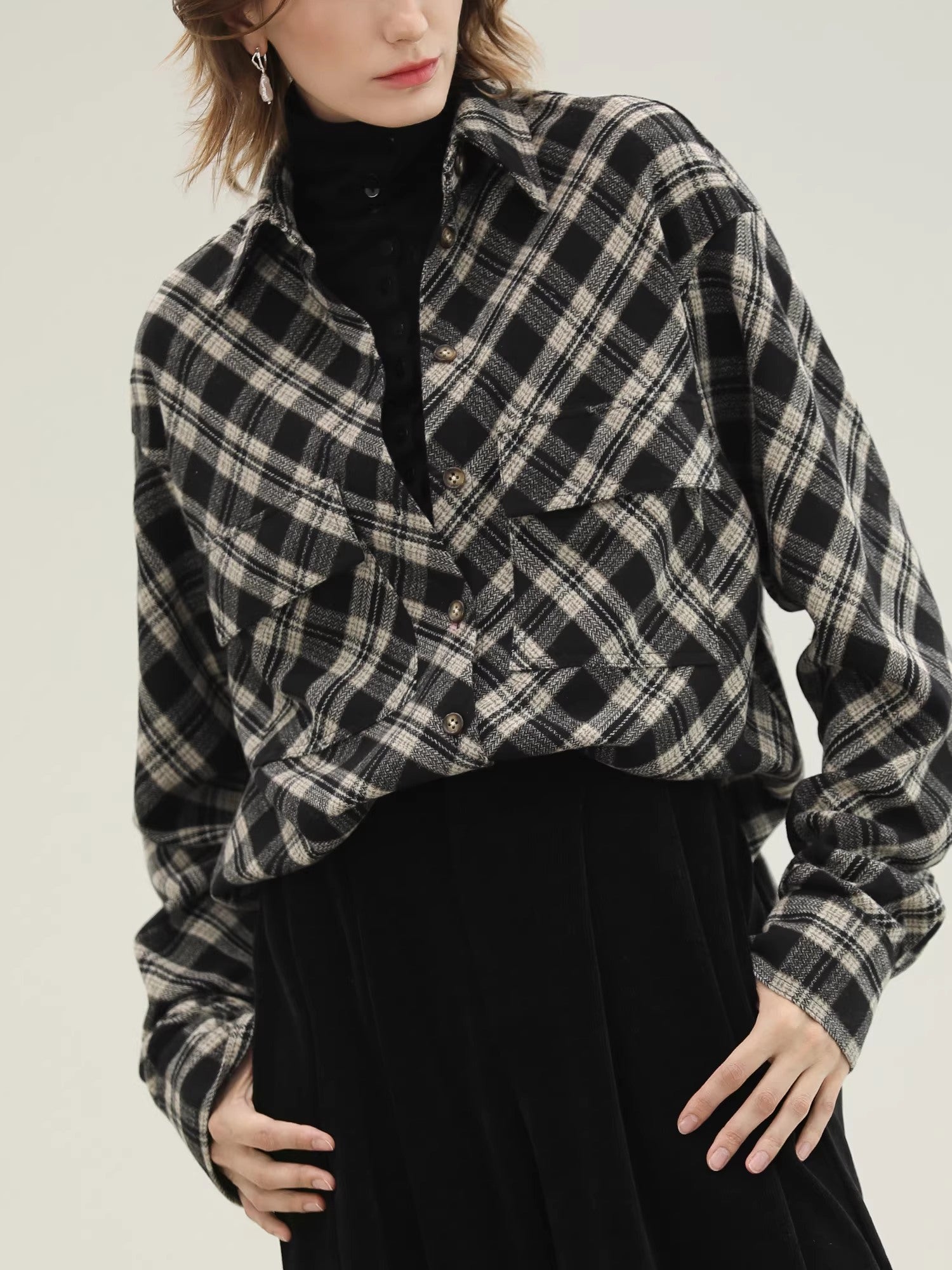 COCOBELLA_Checked_Wool_Blend_Button_Pocket_Straight_Fit_Office_Women_Long_Sleeve_Shirts_MISSTT