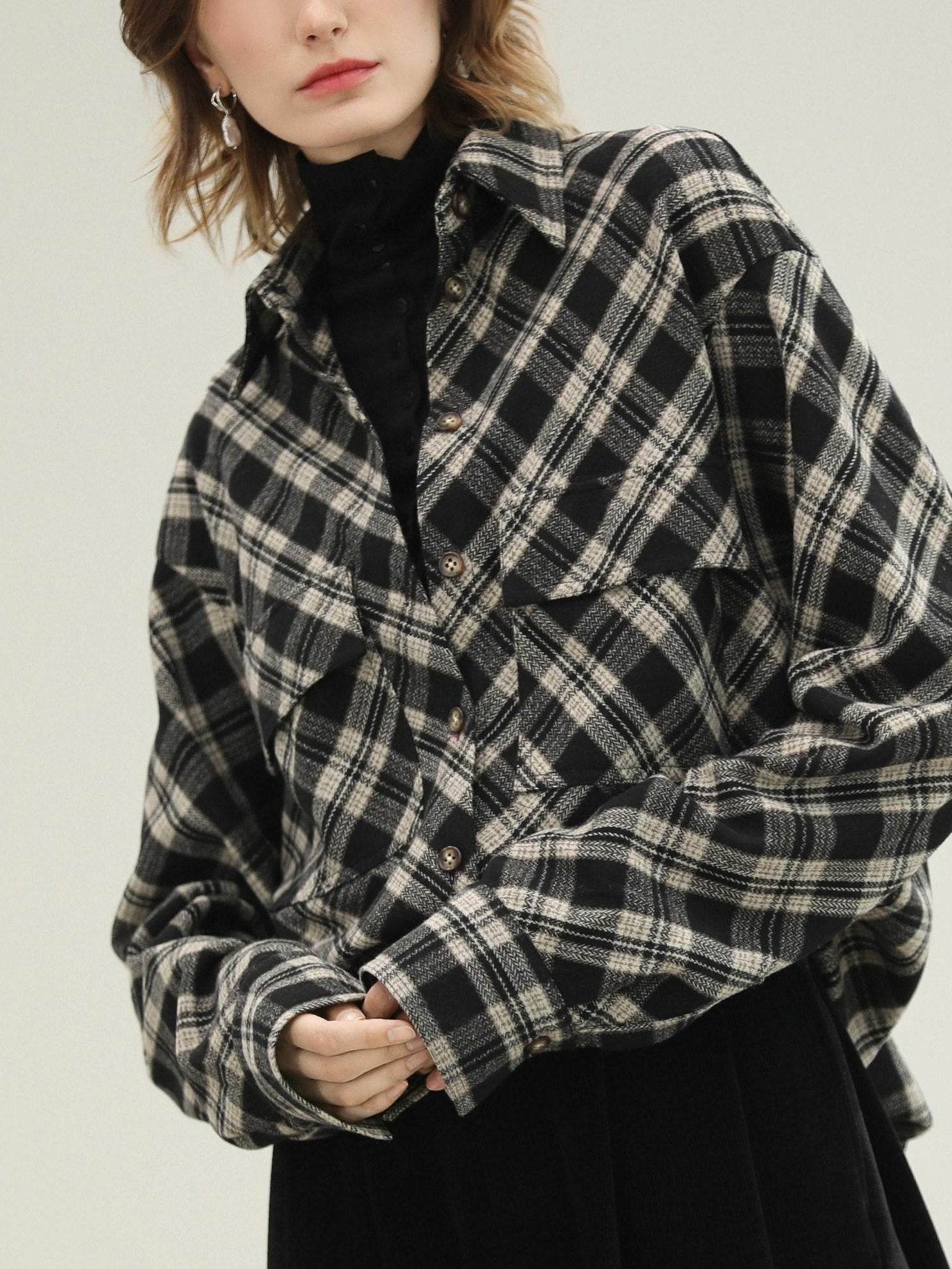 COCOBELLA Checked Wool Blend Button Pocket Straight Fit Office Women Long Sleeve Shirts