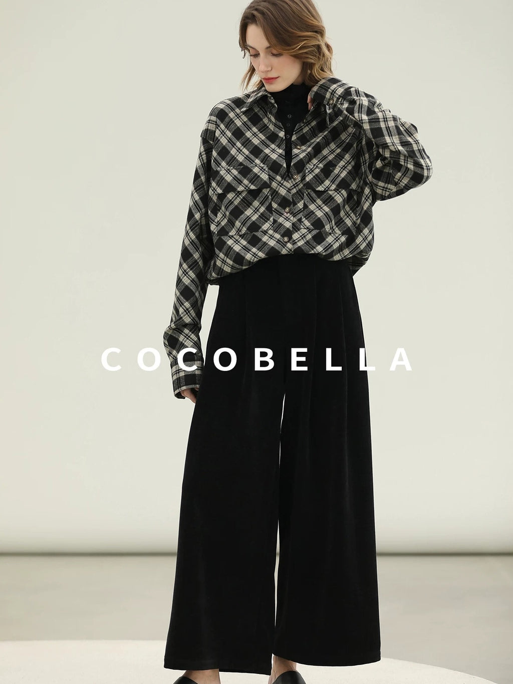 COCOBELLA Checked Wool Blend Button Pocket Straight Fit Office Women Long Sleeve Shirts
