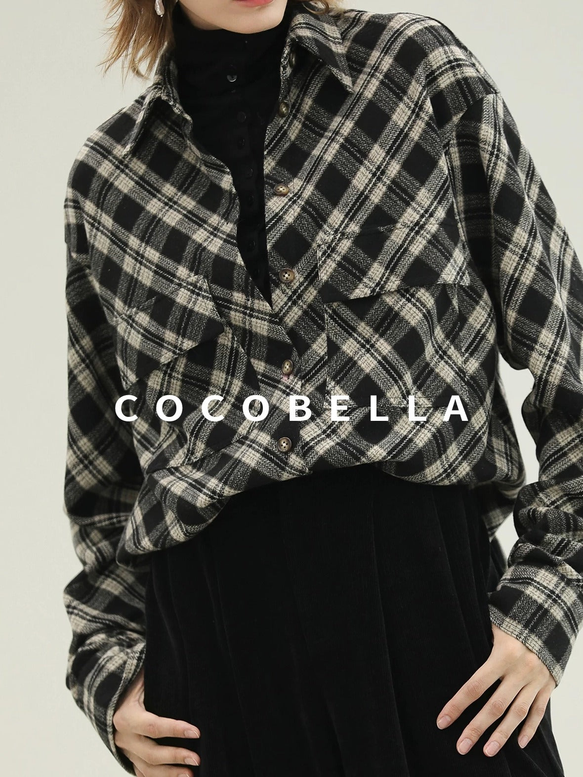 COCOBELLA Checked Wool Blend Button Pocket Straight Fit Office Women Long Sleeve Shirts