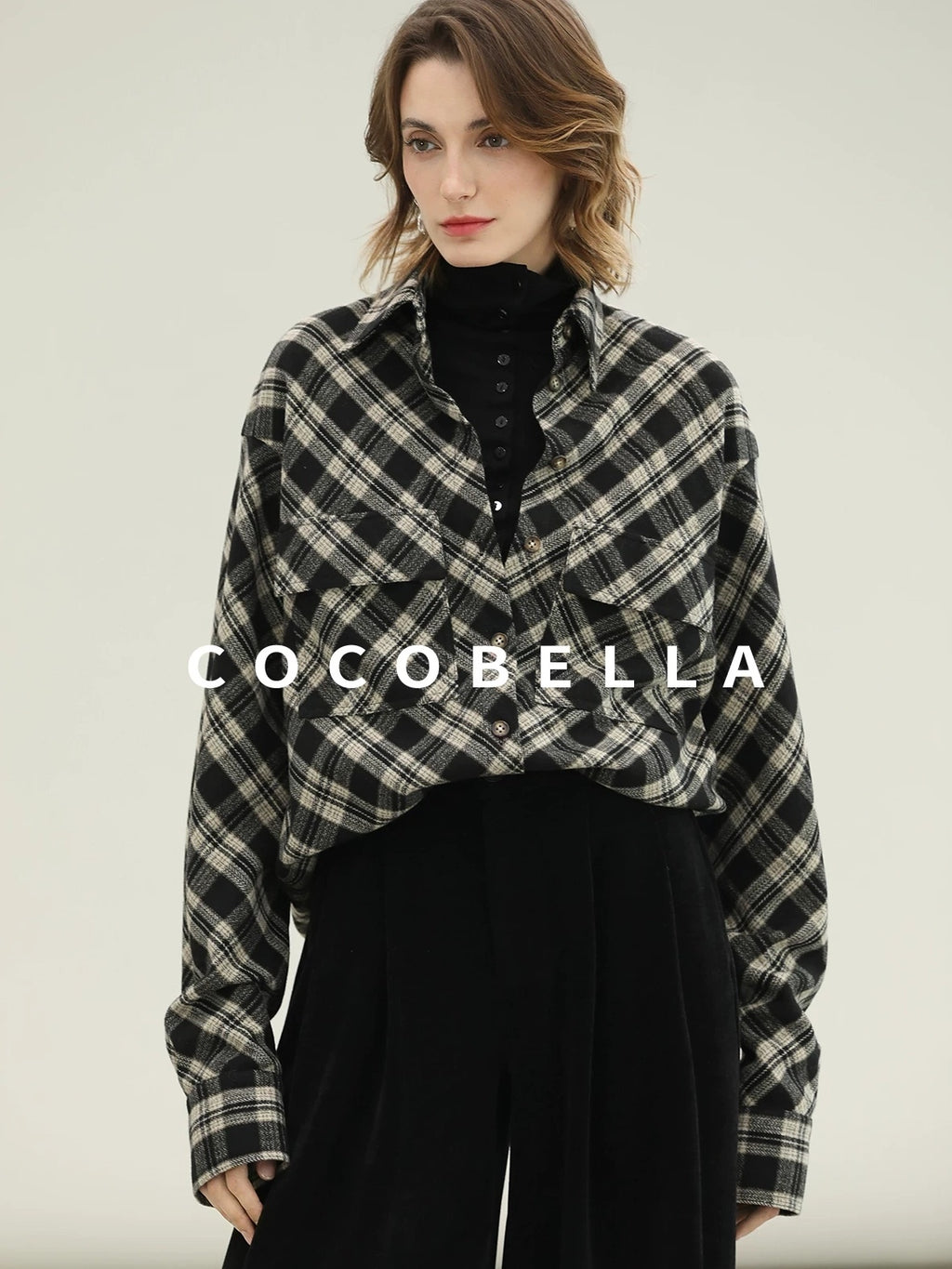 COCOBELLA Checked Wool Blend Button Pocket Straight Fit Office Women Long Sleeve Shirts