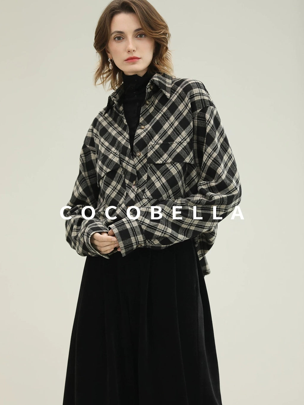 COCOBELLA Checked Wool Blend Button Pocket Straight Fit Office Women Long Sleeve Shirts