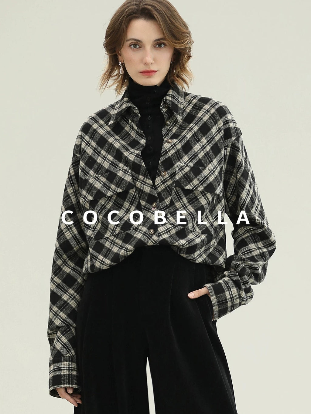 COCOBELLA Checked Wool Blend Button Pocket Straight Fit Office Women Long Sleeve Shirts