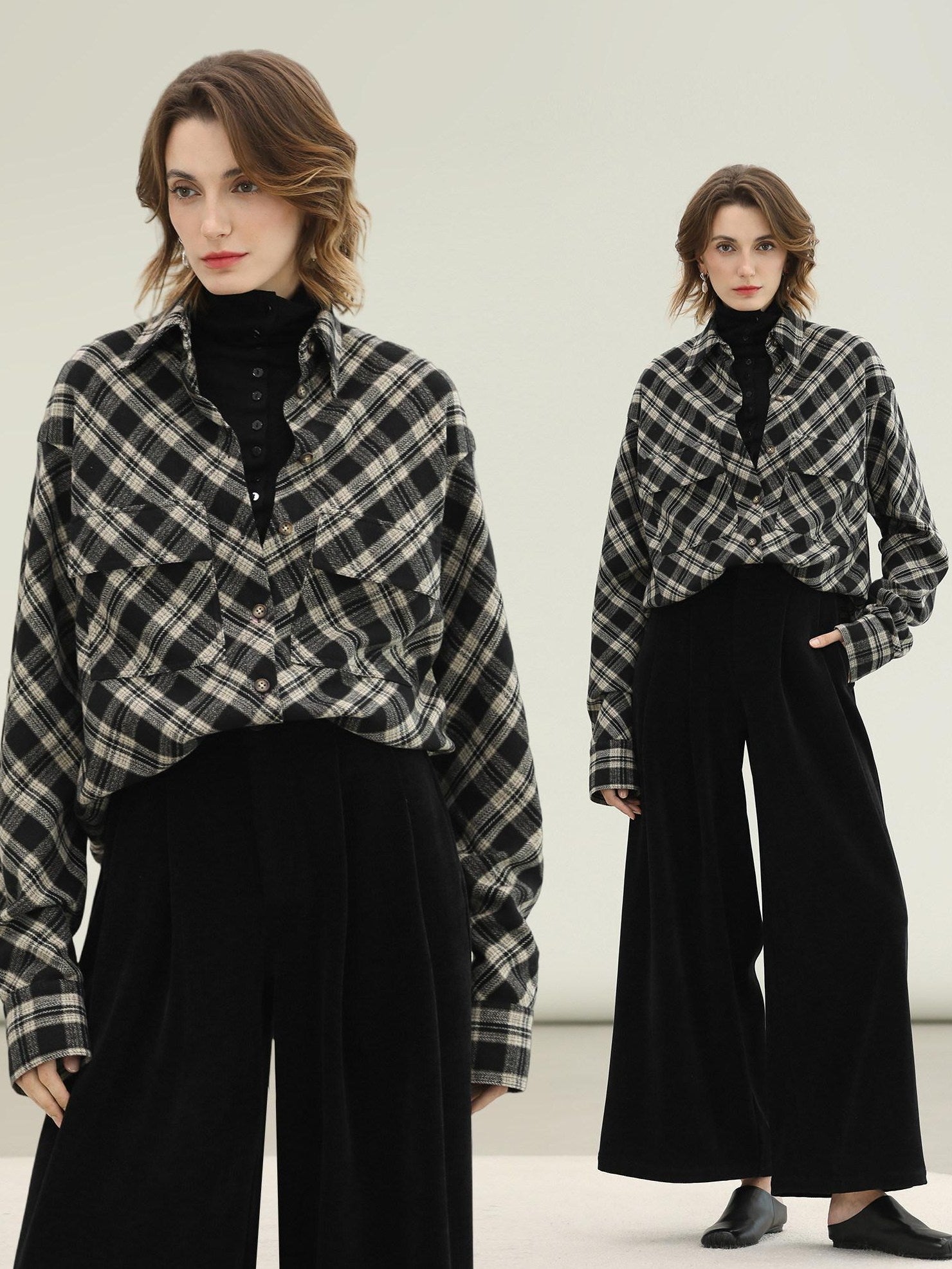 COCOBELLA Checked Wool Blend Button Pocket Straight Fit Office Women Long Sleeve Shirts