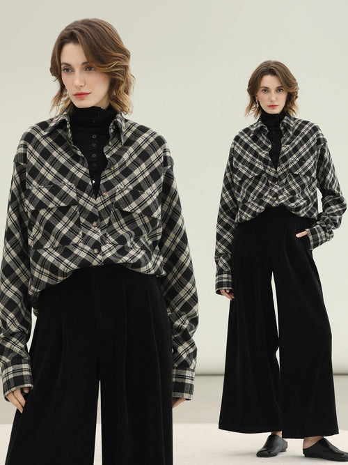 COCOBELLA Checked Wool Blend Button Pocket Straight Fit Office Women Long Sleeve Shirts