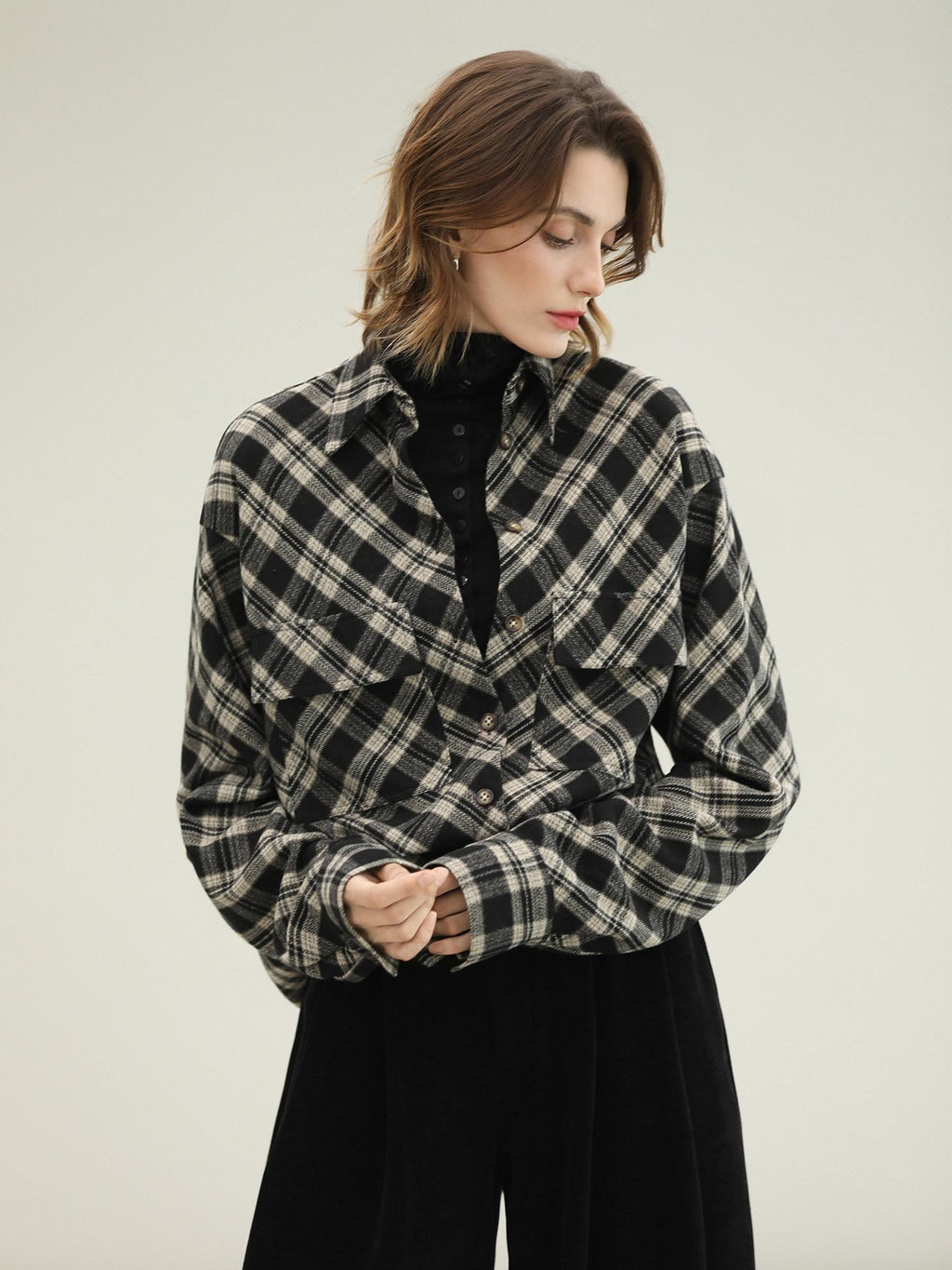 COCOBELLA Checked Wool Blend Button Pocket Straight Fit Office Women Long Sleeve Shirts