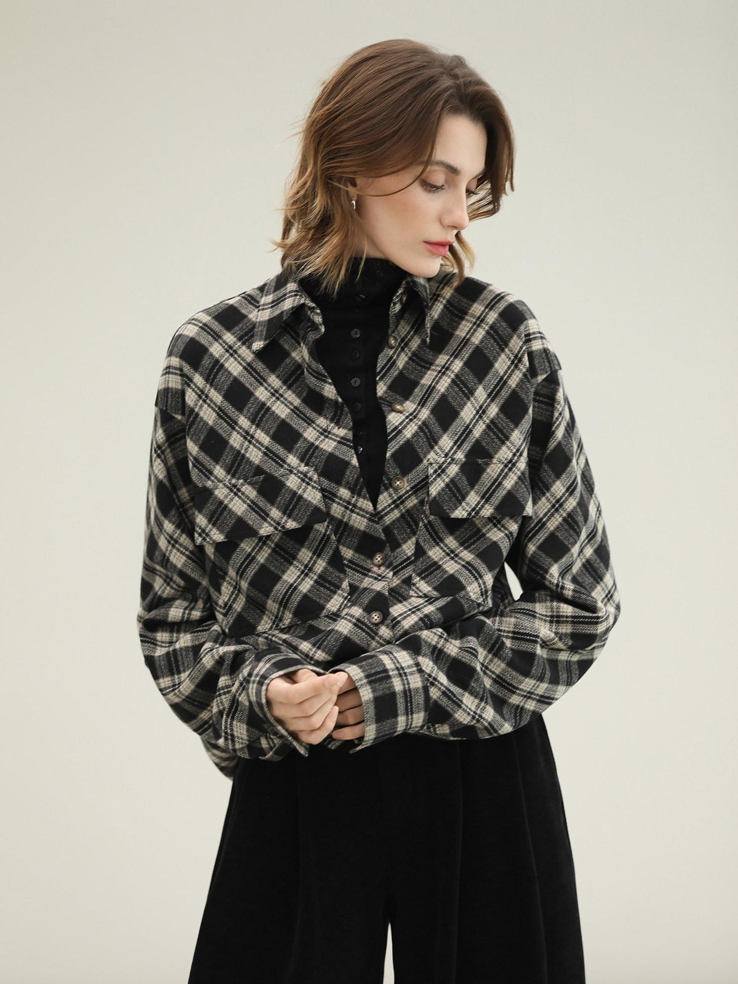 COCOBELLA Checked Wool Blend Button Pocket Straight Fit Office Women Long Sleeve Shirts