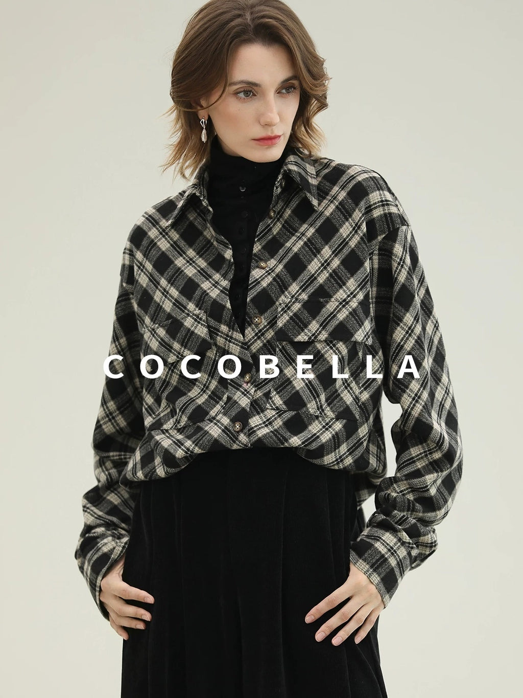 COCOBELLA Checked Wool Blend Button Pocket Straight Fit Office Women Long Sleeve Shirts