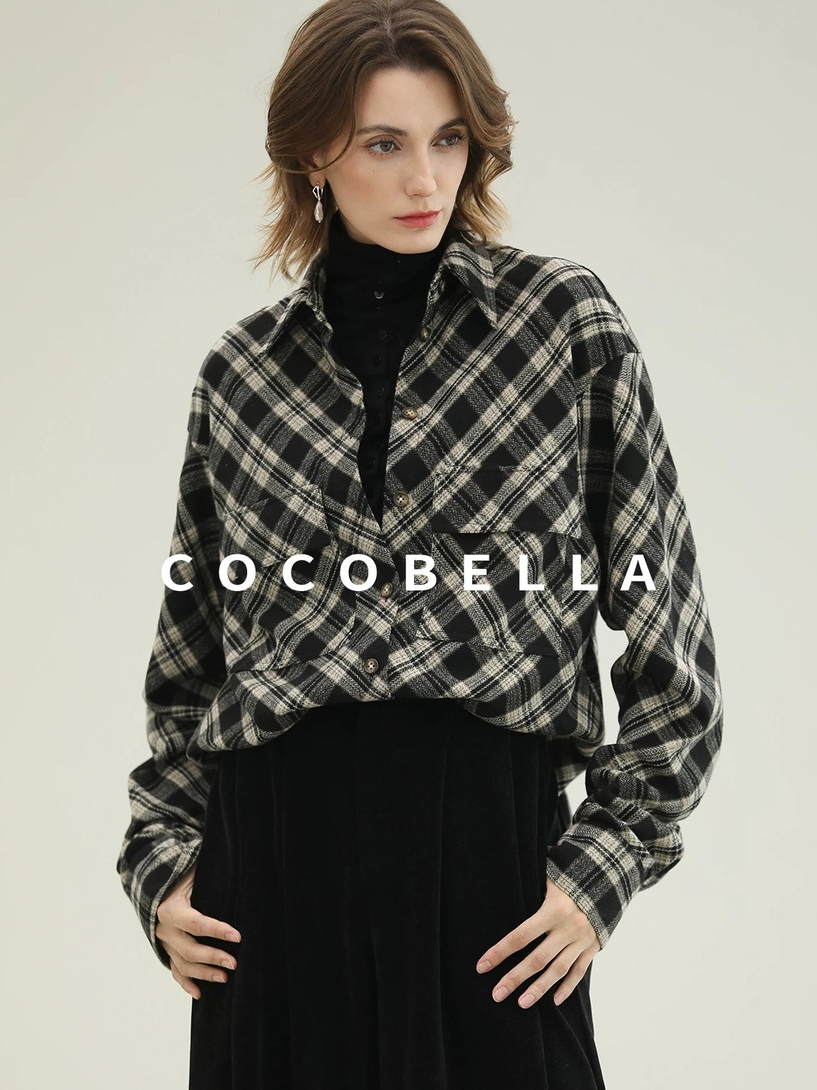 COCOBELLA Checked Wool Blend Button Pocket Straight Fit Office Women Long Sleeve Shirts