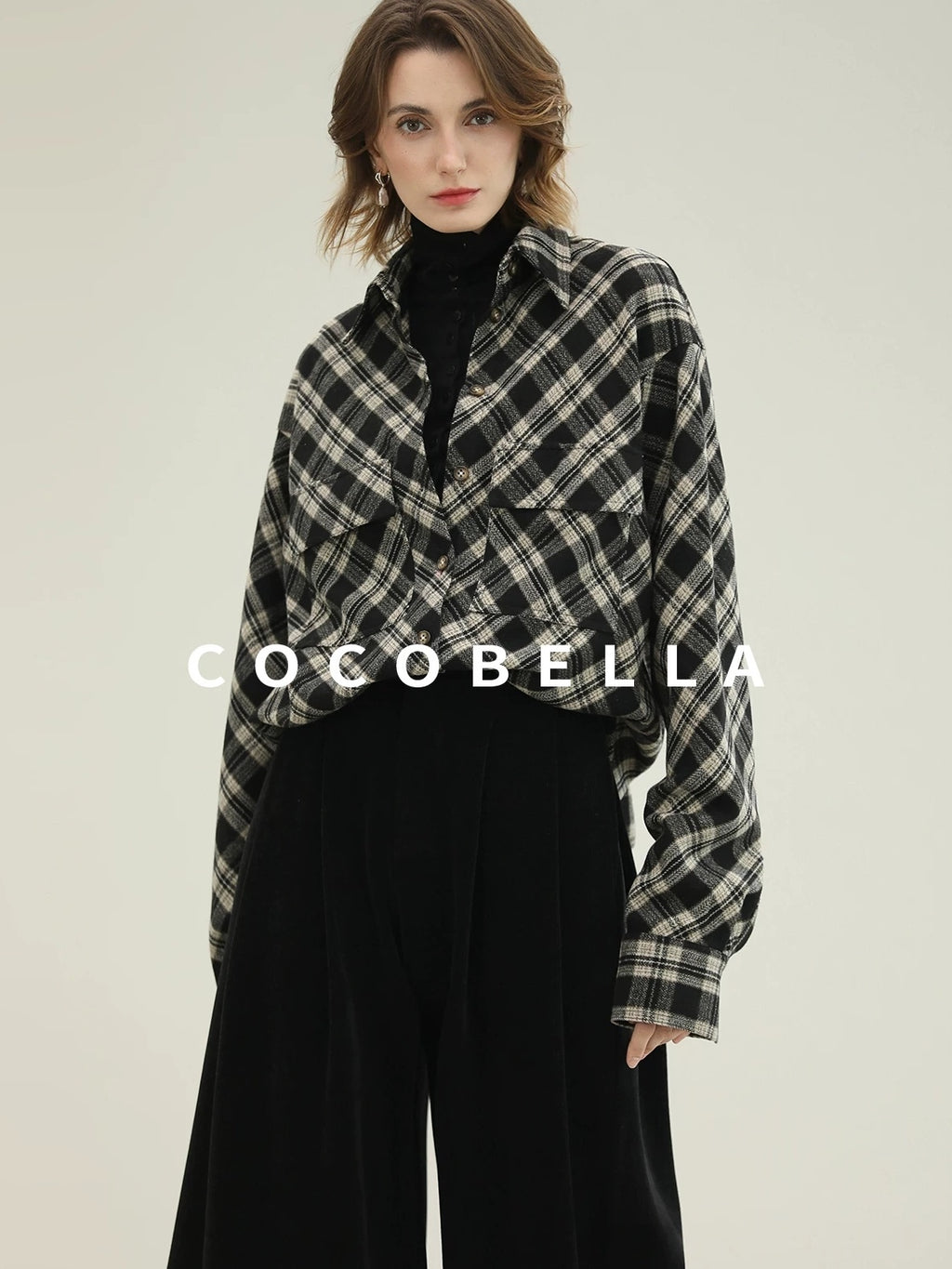 COCOBELLA Checked Wool Blend Button Pocket Straight Fit Office Women Long Sleeve Shirts