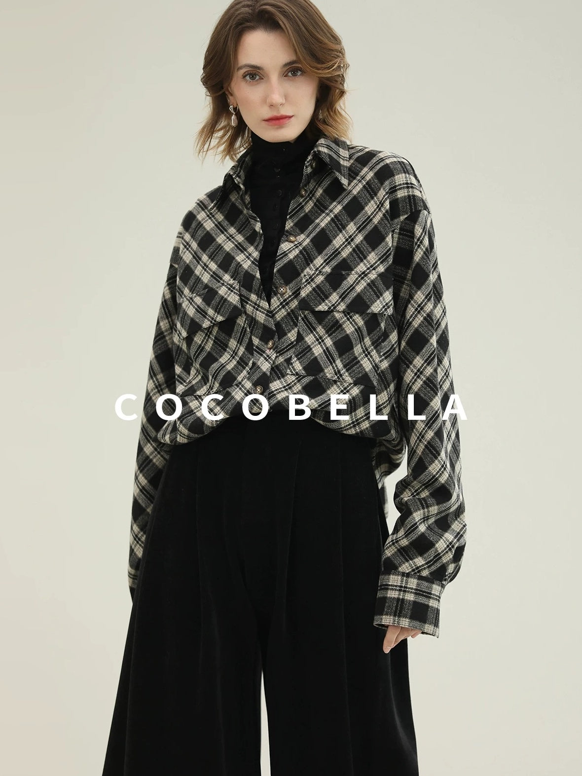 COCOBELLA Checked Wool Blend Button Pocket Straight Fit Office Women Long Sleeve Shirts