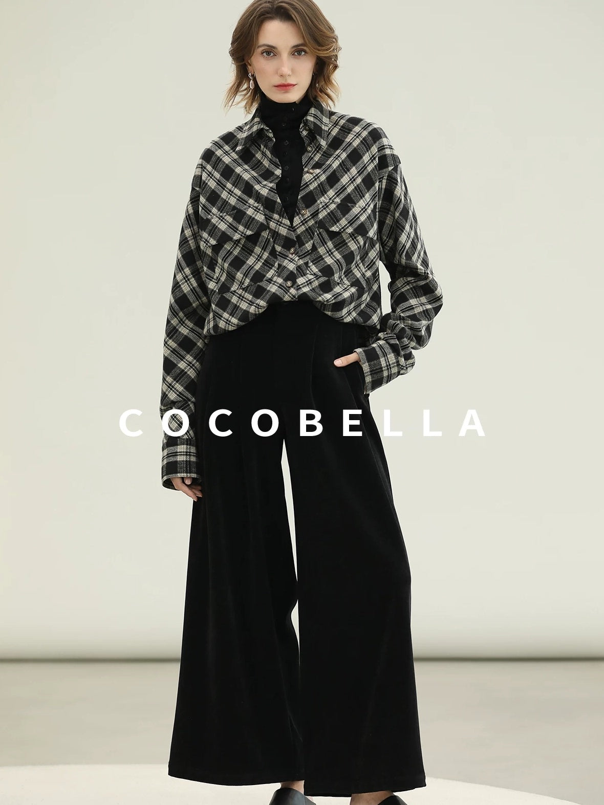 COCOBELLA Checked Wool Blend Button Pocket Straight Fit Office Women Long Sleeve Shirts