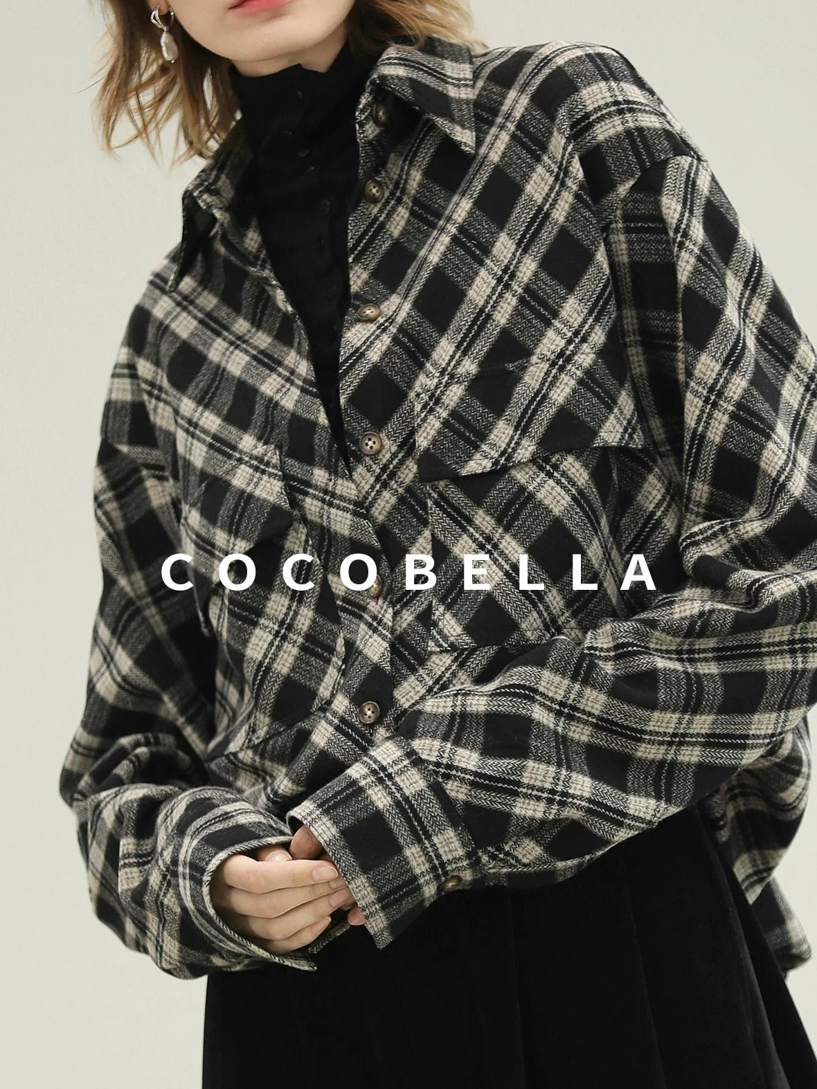 COCOBELLA Checked Wool Blend Button Pocket Straight Fit Office Women Long Sleeve Shirts