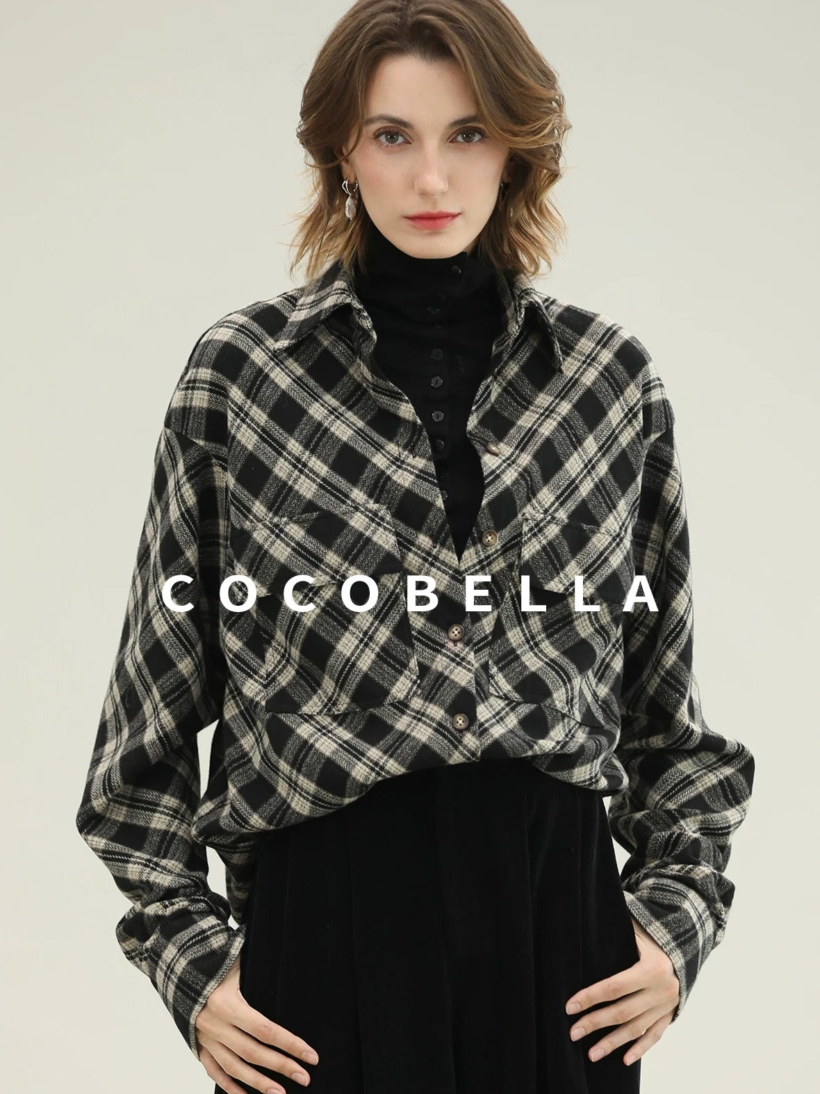 COCOBELLA Checked Wool Blend Button Pocket Straight Fit Office Women Long Sleeve Shirts