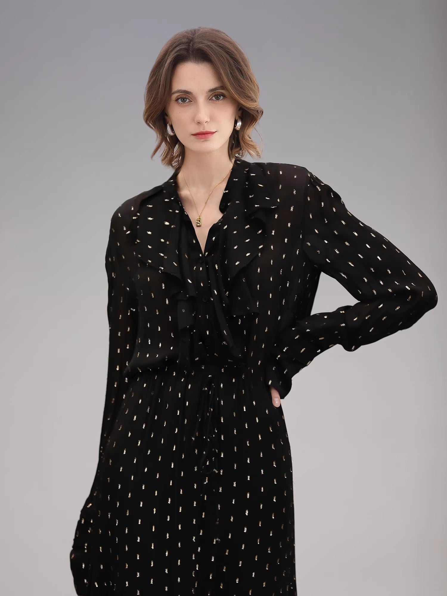 COCOBELLA_Chic_French_Ruffle_Jacquard_Viscose_Straight_Long_Sleeve_Black_Gold_Polka_Shirts_MISSTT