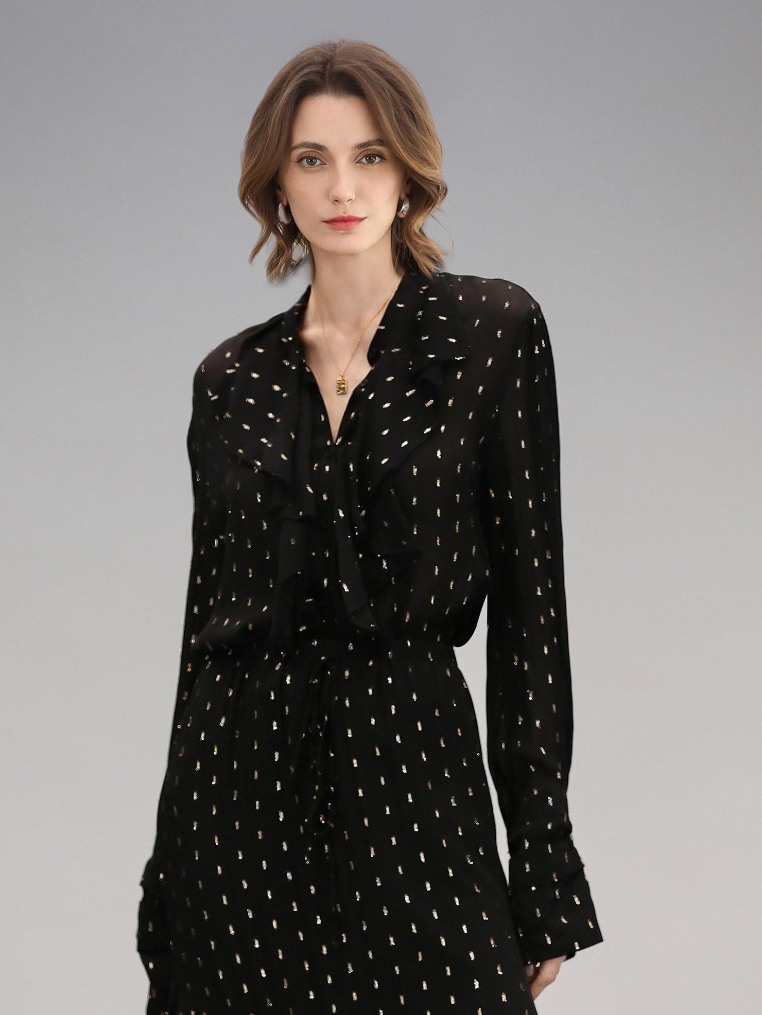 COCOBELLA Chic French Ruffle Jacquard Viscose Straight Long Sleeve Black Gold Polka Shirts