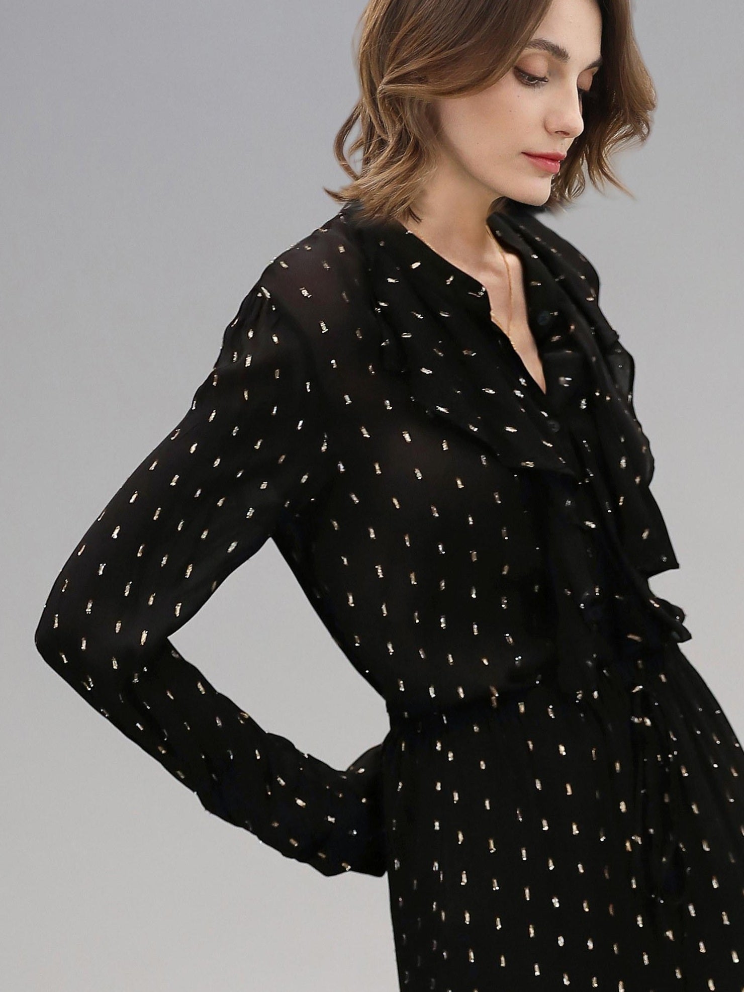 COCOBELLA Chic French Ruffle Jacquard Viscose Straight Long Sleeve Black Gold Polka Shirts