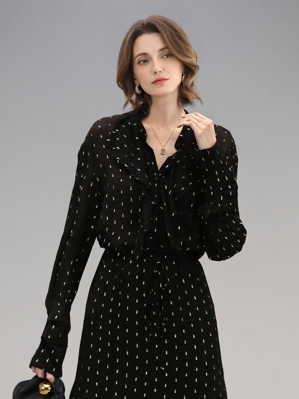 COCOBELLA Chic French Ruffle Jacquard Viscose Straight Long Sleeve Black Gold Polka Shirts