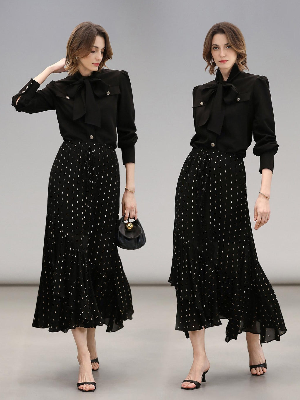 COCOBELLA Chic Office Long Sleeve Button Tie Straight Women Solid Black Polyester T-Shirts