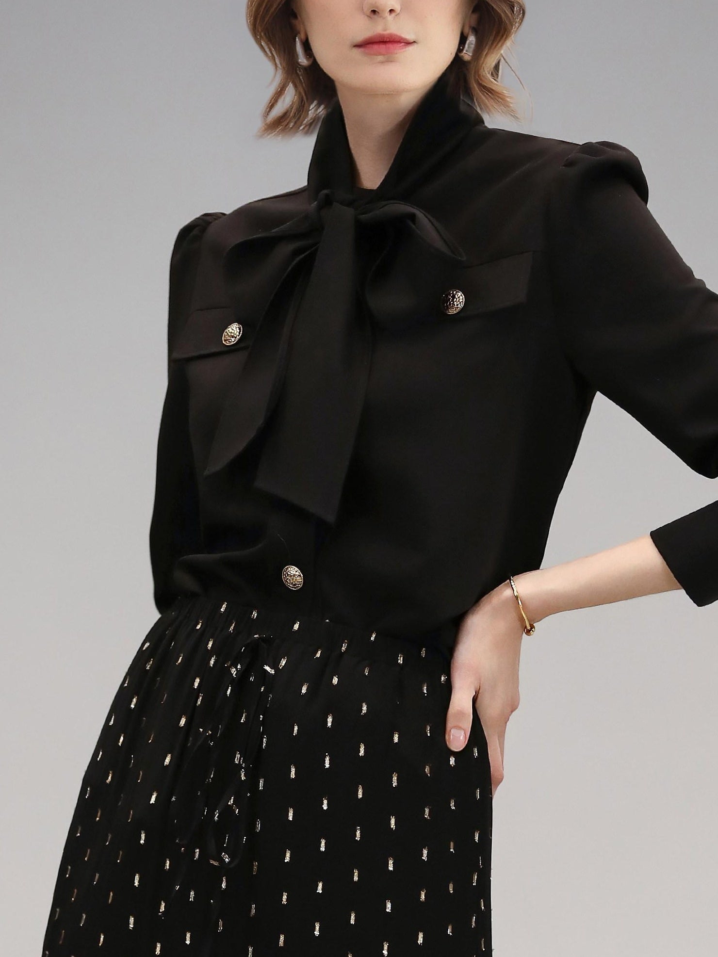 COCOBELLA Chic Office Long Sleeve Button Tie Straight Women Solid Black Polyester T-Shirts