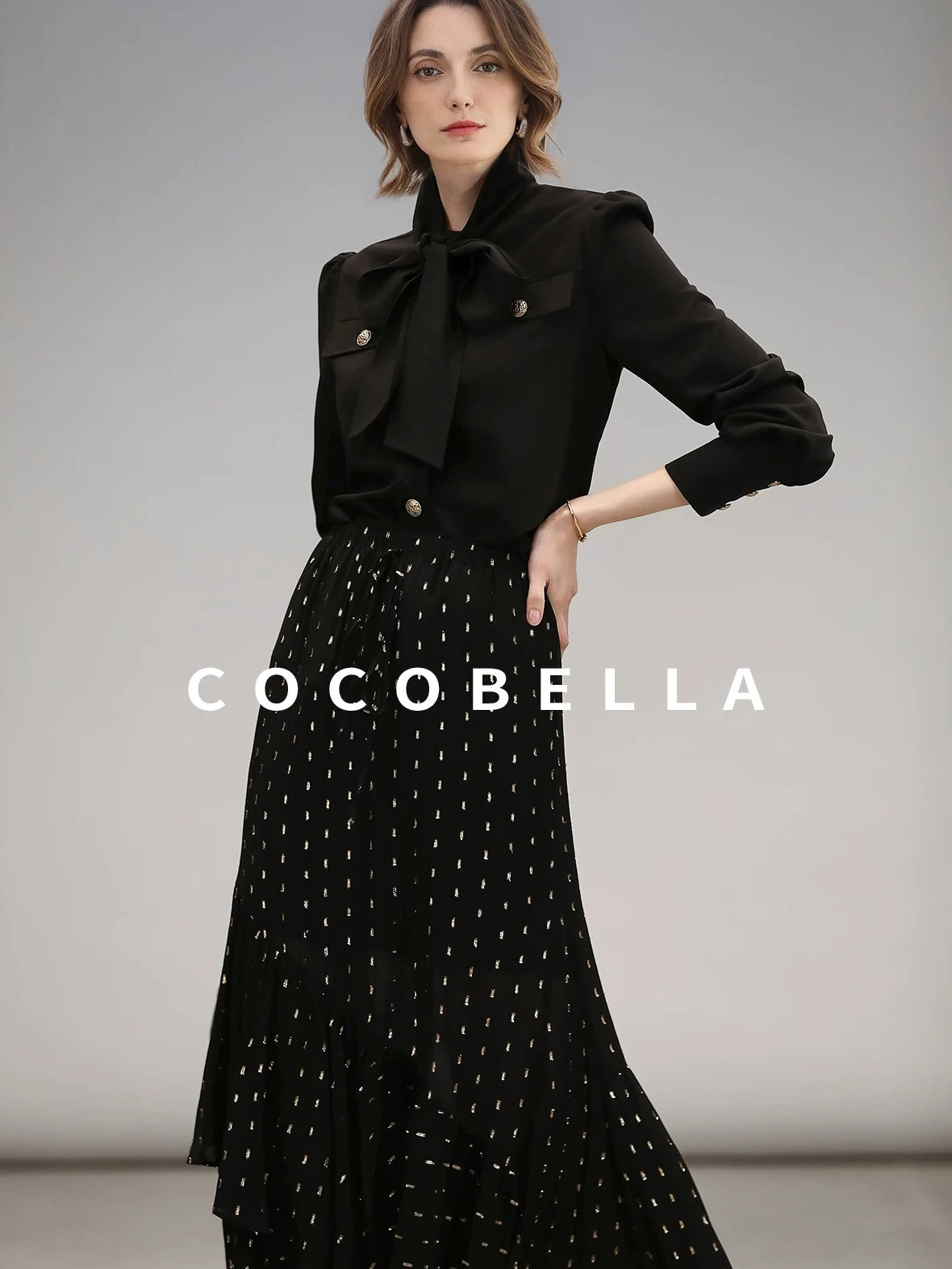 COCOBELLA Chic Office Long Sleeve Button Tie Straight Women Solid Black Polyester T-Shirts