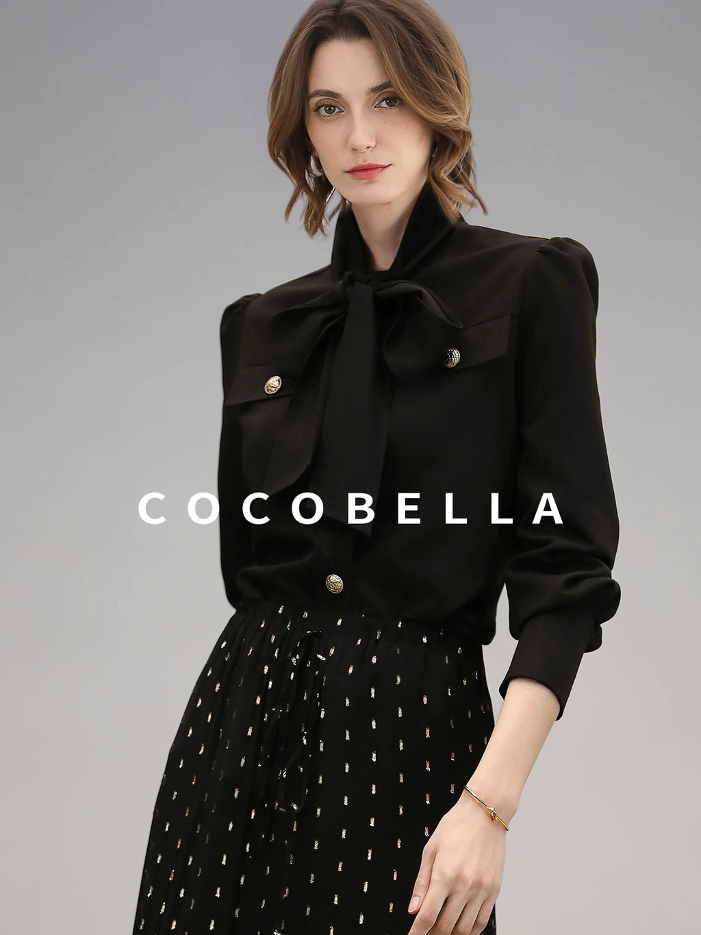 COCOBELLA Chic Office Long Sleeve Button Tie Straight Women Solid Black Polyester T-Shirts