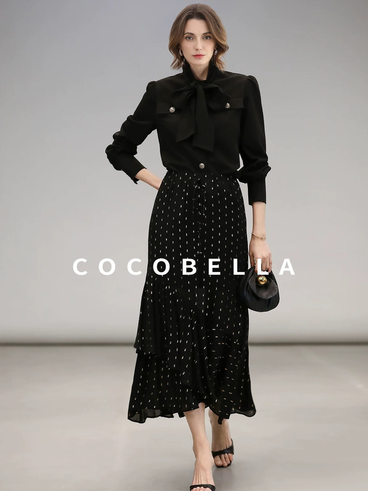 COCOBELLA Chic Office Long Sleeve Button Tie Straight Women Solid Black Polyester T-Shirts