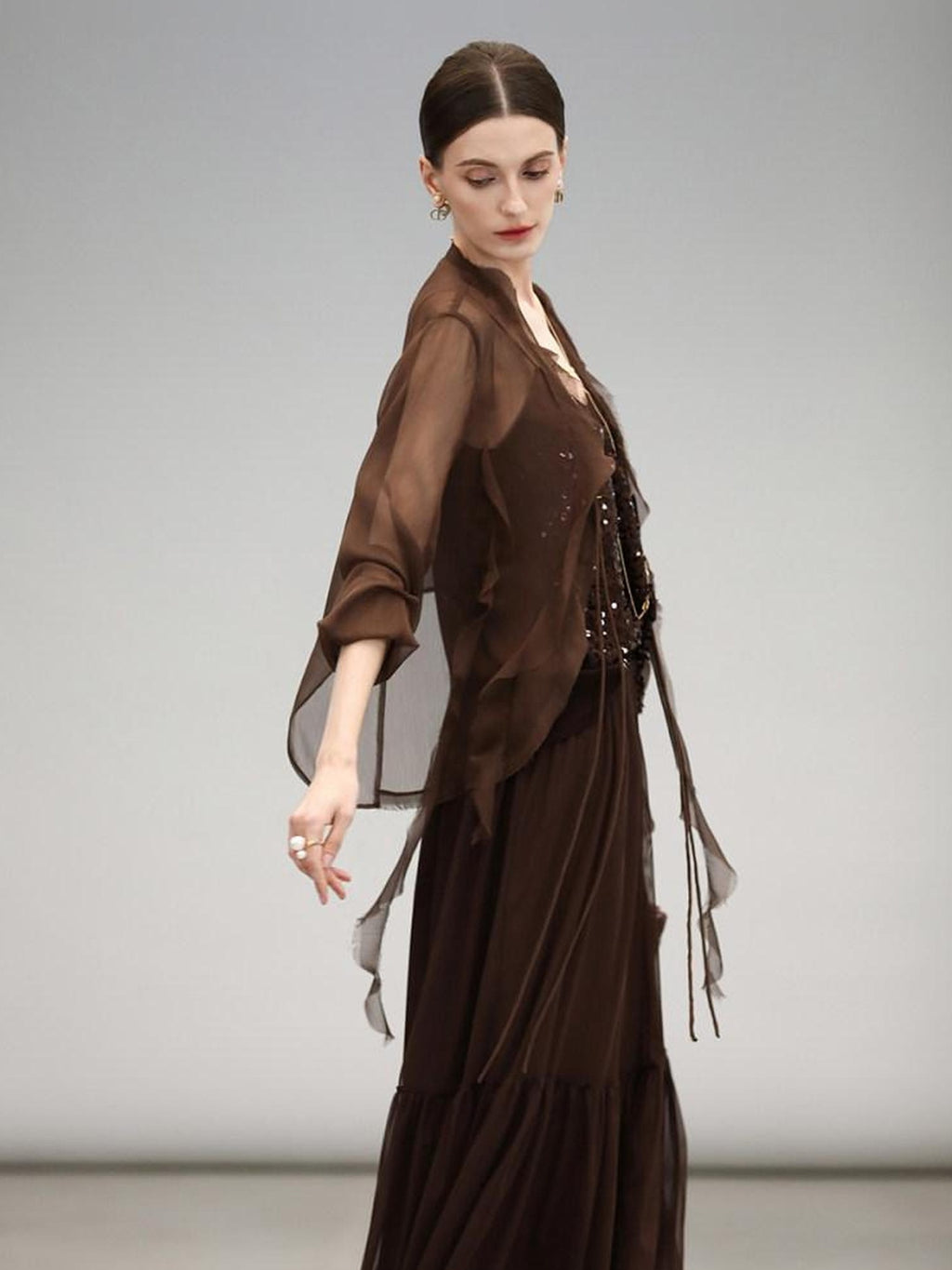 COCOBELLA Chiffon Ruffle Slim Fit Long Sleeve Ladylike Commuter Cardigan Women Shirts