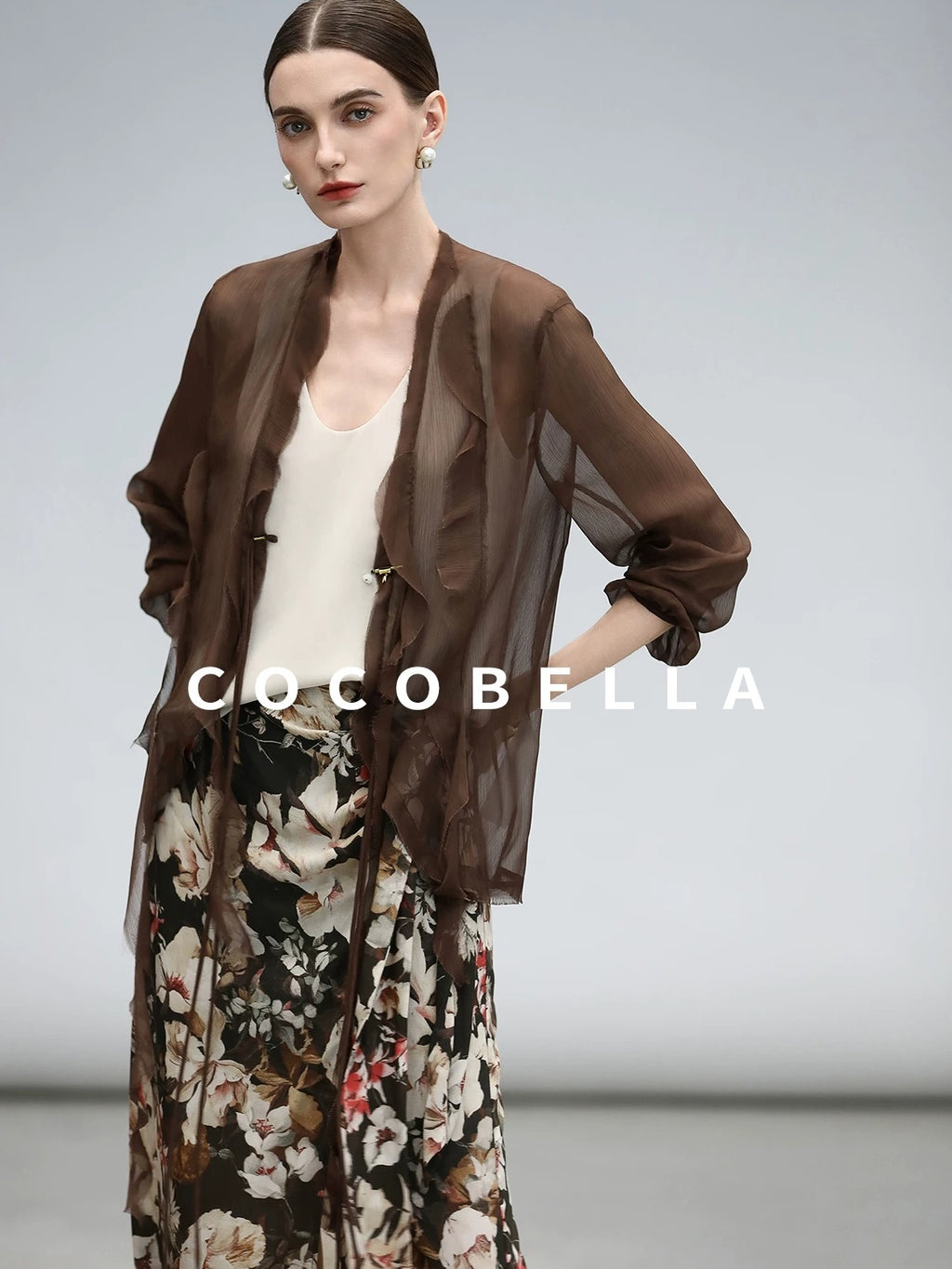 COCOBELLA Chiffon Ruffle Slim Fit Long Sleeve Ladylike Commuter Cardigan Women Shirts