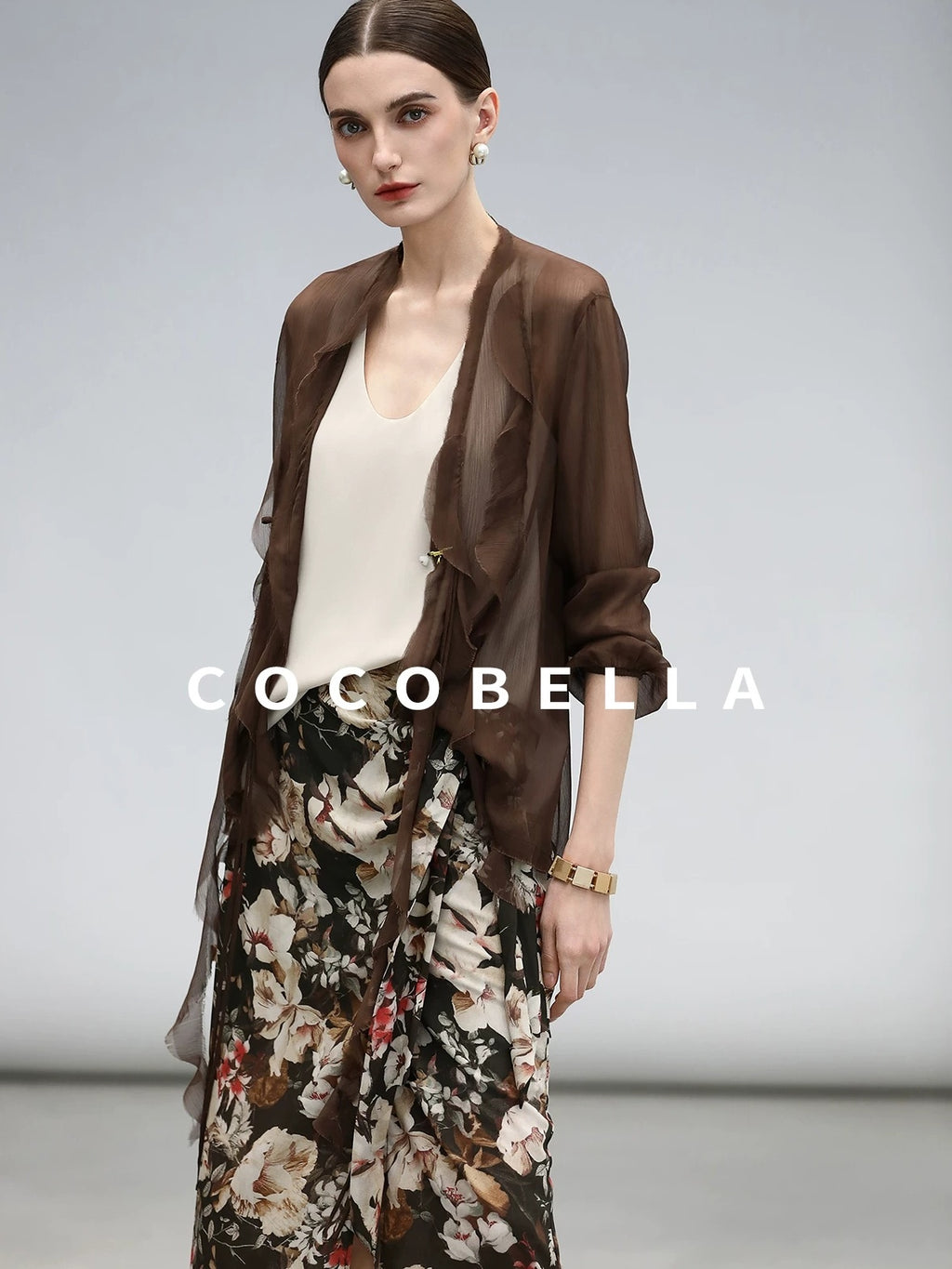 COCOBELLA Chiffon Ruffle Slim Fit Long Sleeve Ladylike Commuter Cardigan Women Shirts