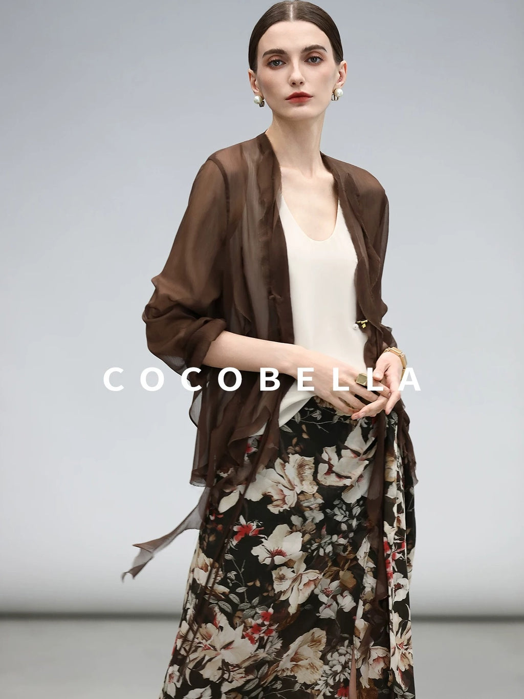 COCOBELLA Chiffon Ruffle Slim Fit Long Sleeve Ladylike Commuter Cardigan Women Shirts