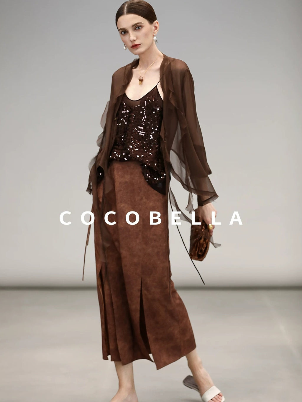 COCOBELLA Chiffon Ruffle Slim Fit Long Sleeve Ladylike Commuter Cardigan Women Shirts