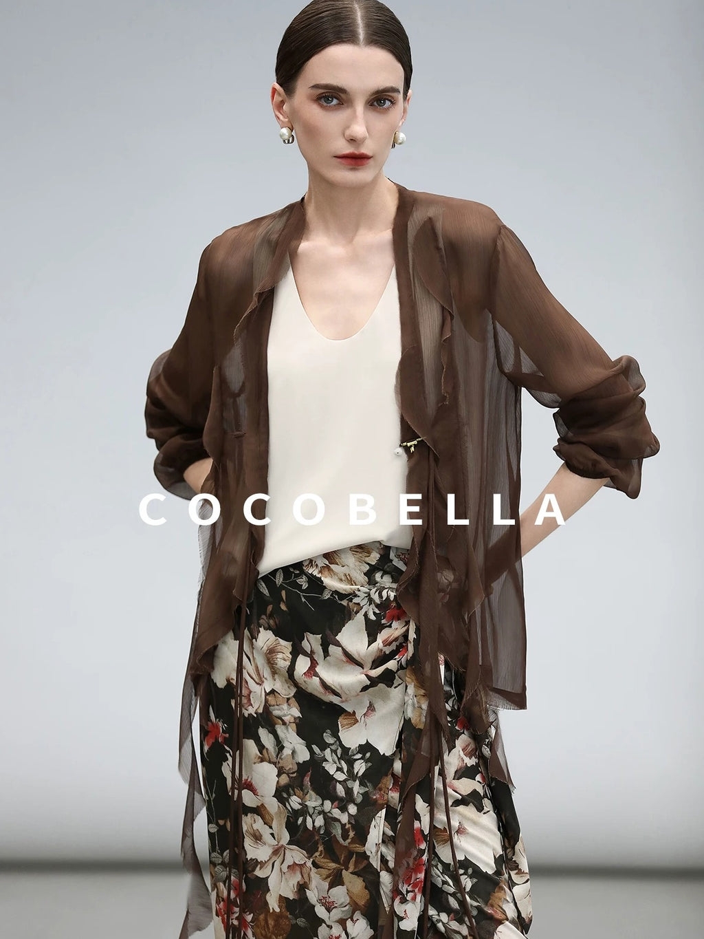 COCOBELLA Chiffon Ruffle Slim Fit Long Sleeve Ladylike Commuter Cardigan Women Shirts