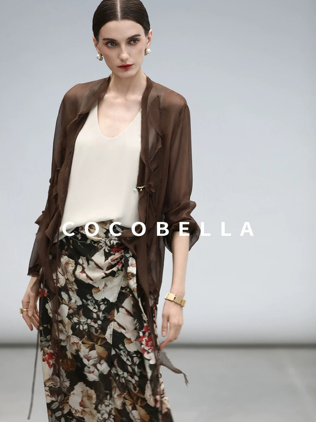 COCOBELLA Chiffon Ruffle Slim Fit Long Sleeve Ladylike Commuter Cardigan Women Shirts