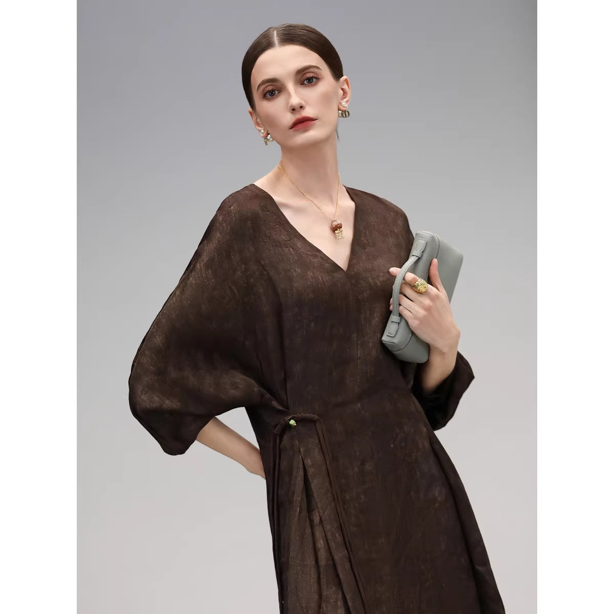 COCOBELLA_Chinese_Jacquard_V_Neck_A_Line_Tassel_Frog_Button_Cinched_Waist_Viscose_Dresses_MISSTT