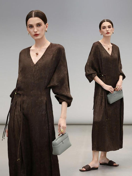 COCOBELLA Chinese Jacquard V Neck A Line Tassel Frog Button Cinched Waist Viscose Dresses