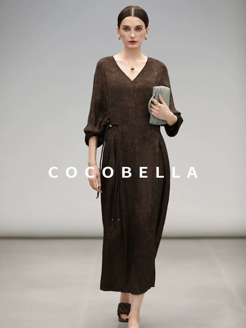 COCOBELLA Chinese Jacquard V Neck A Line Tassel Frog Button Cinched Waist Viscose Dresses